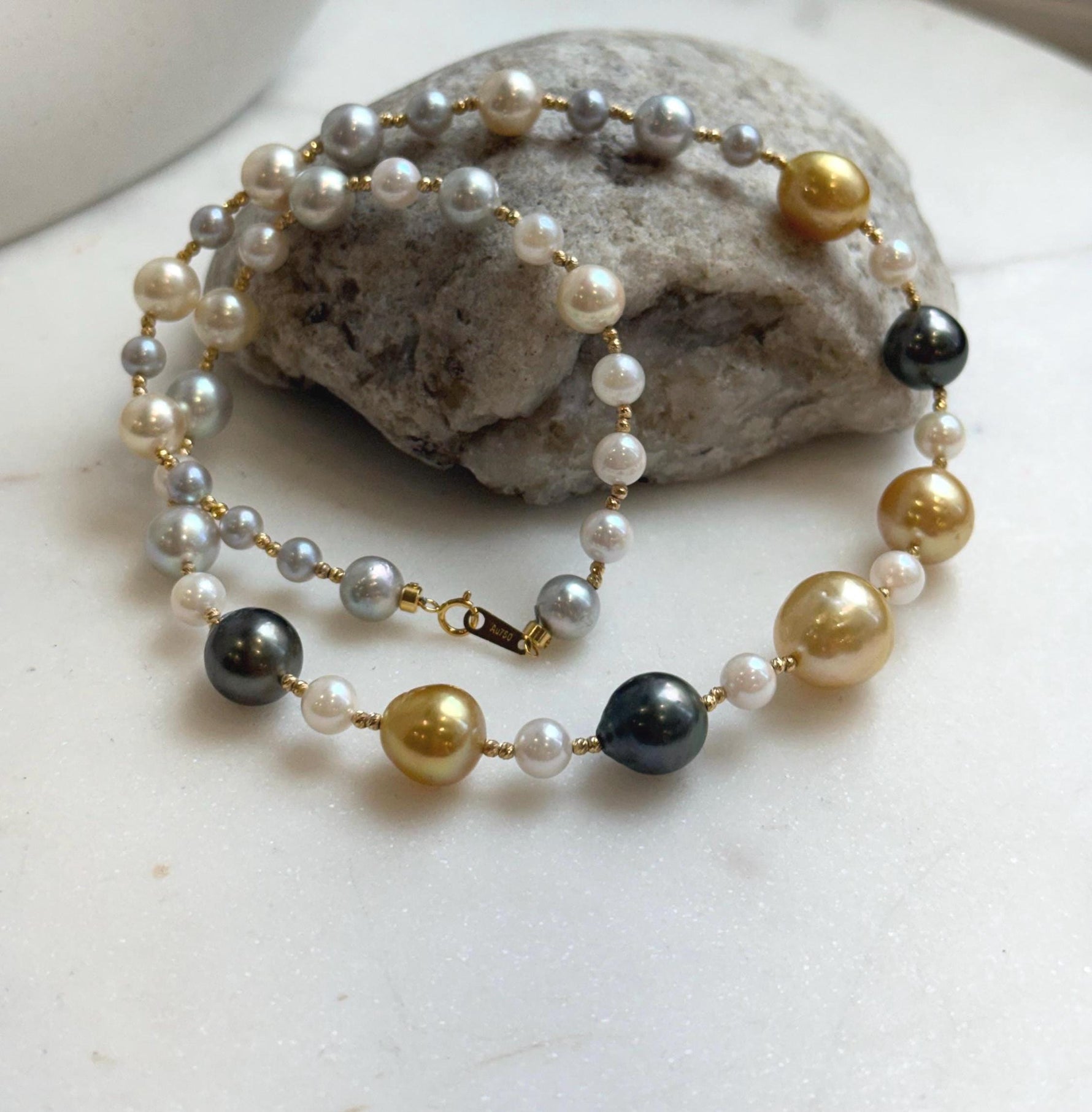 Elly’s Au750 18K gold 43pcs Multicolor ocean pearls necklace choker: Extreme luster mirrored, 17.6”, 18k gold necklace strand.