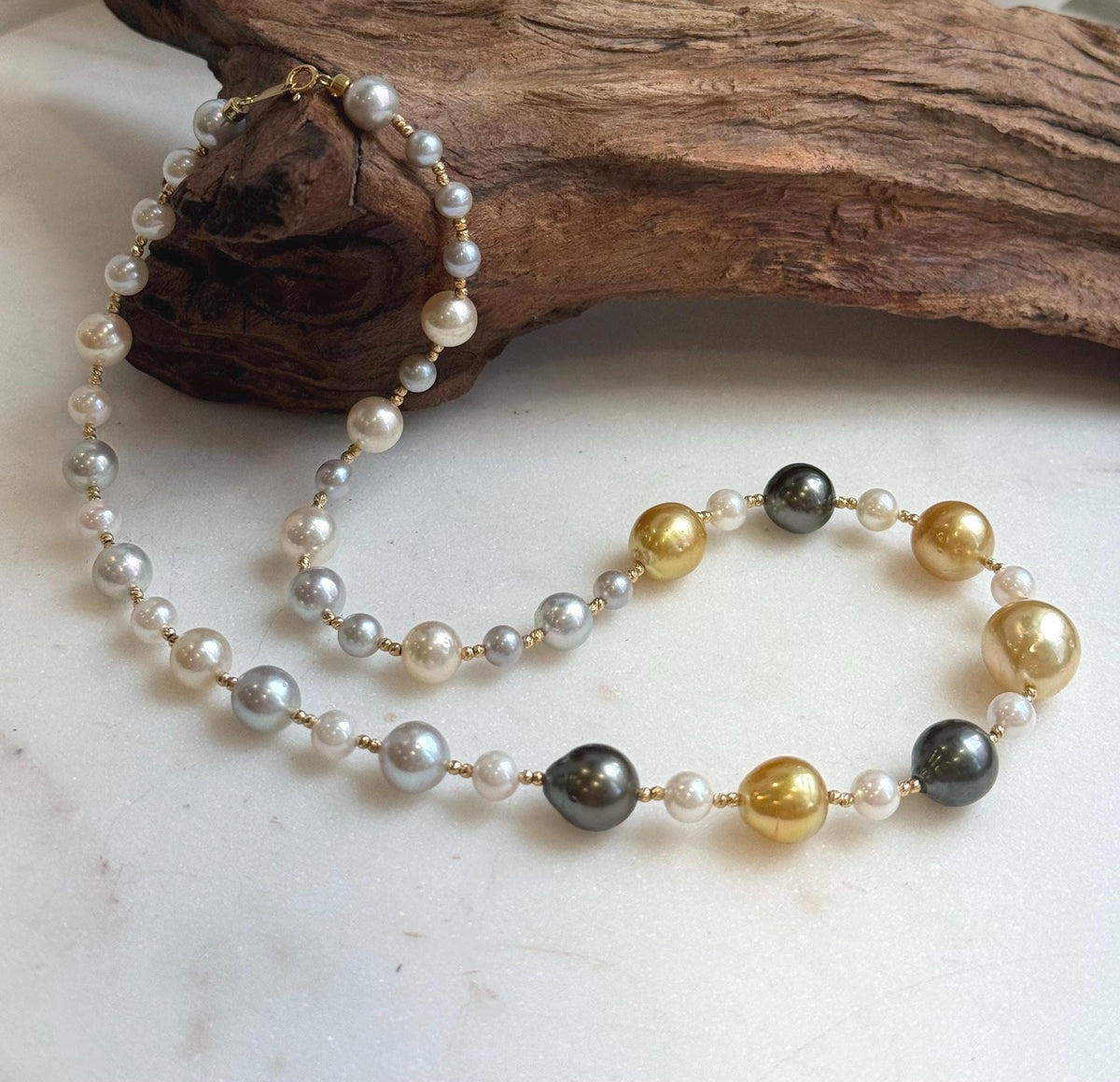 Elly’s Au750 18K gold 43pcs Multicolor ocean pearls necklace choker: Extreme luster mirrored, 17.6”, 18k gold necklace strand.