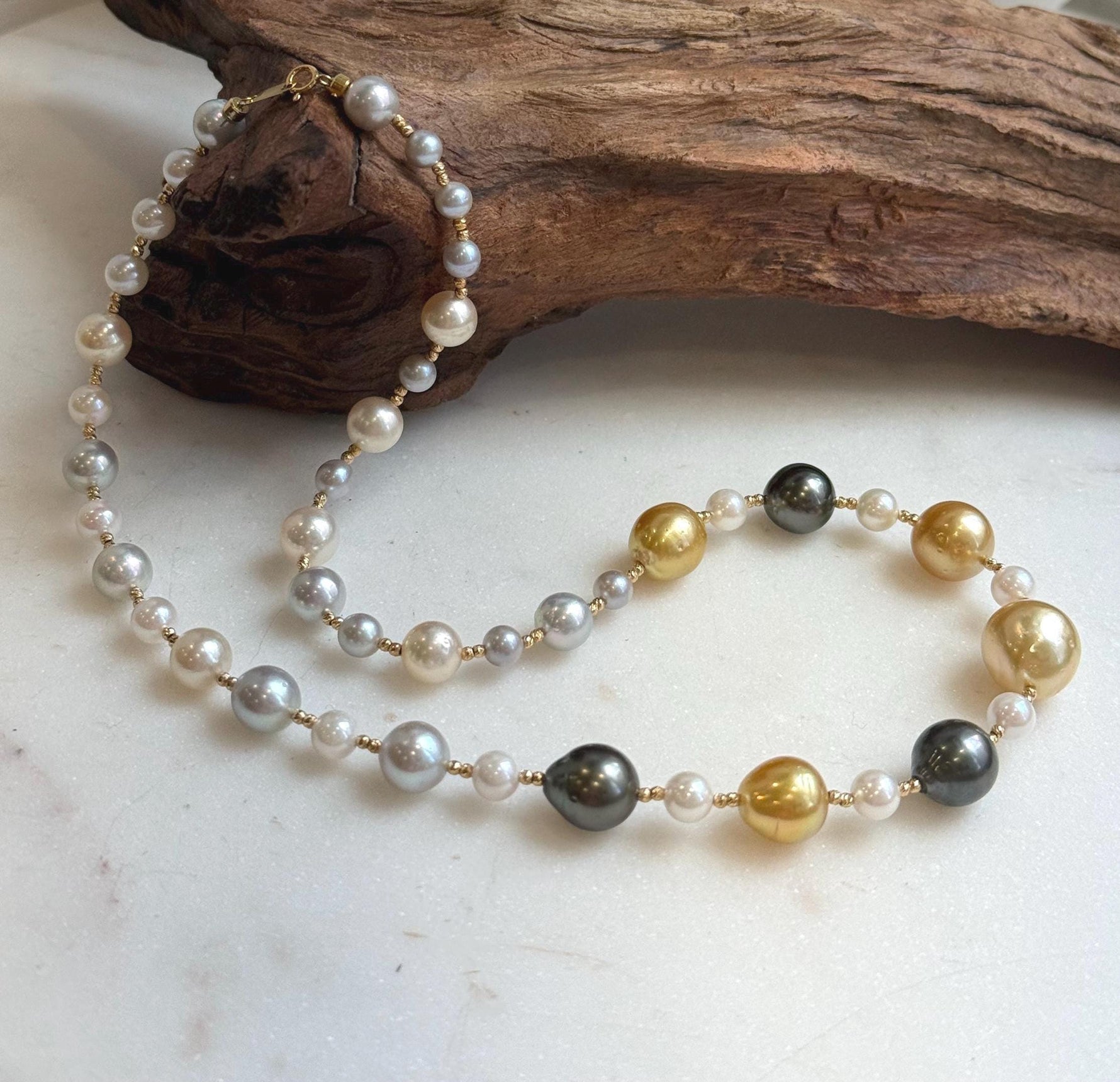 Elly’s Au750 18K gold 43pcs Multicolor ocean pearls necklace choker: Extreme luster mirrored, 17.6”, 18k gold necklace strand.