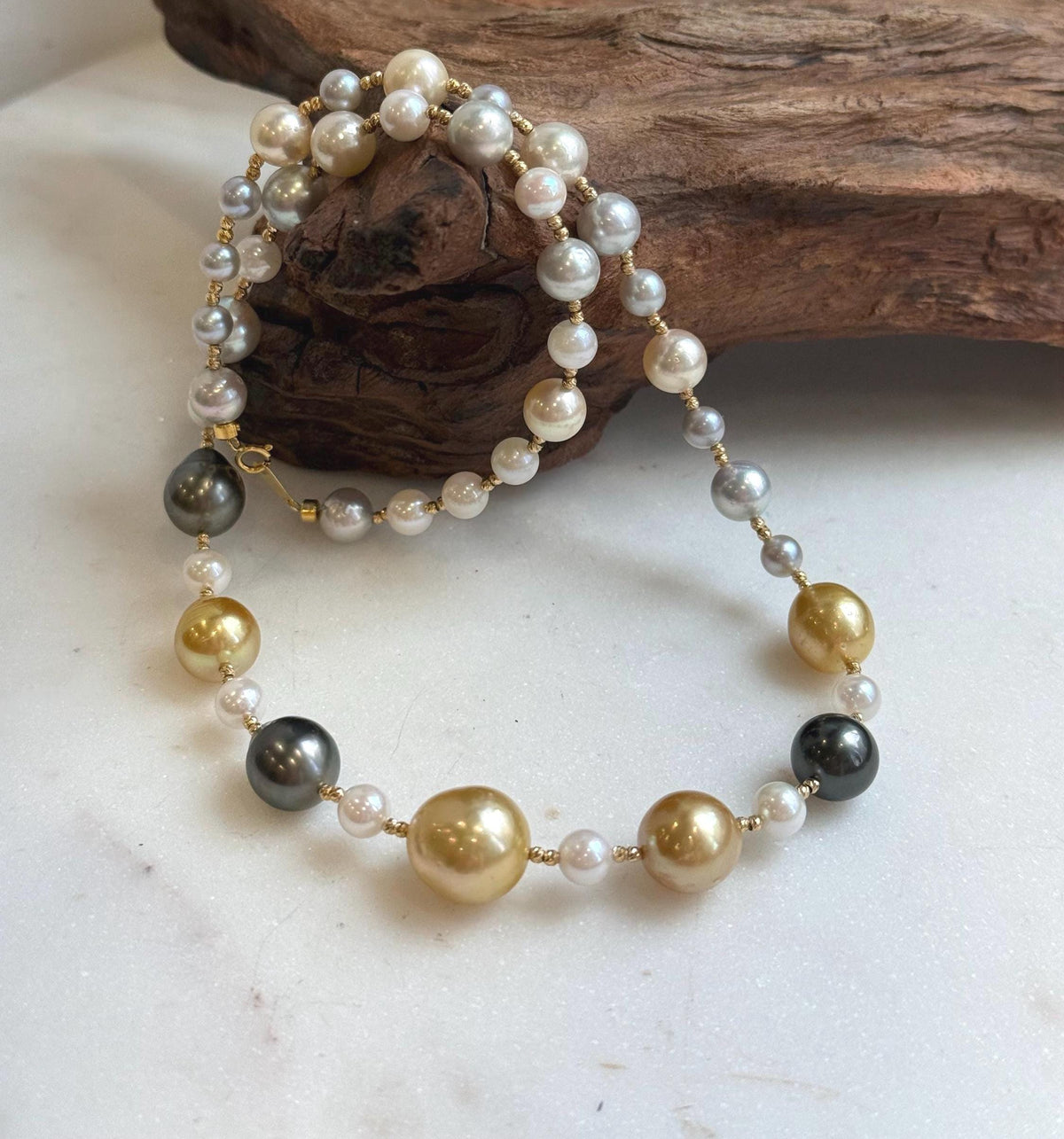 Elly’s Au750 18K gold 43pcs Multicolor ocean pearls necklace choker: Extreme luster mirrored, 17.6”, 18k gold necklace strand.