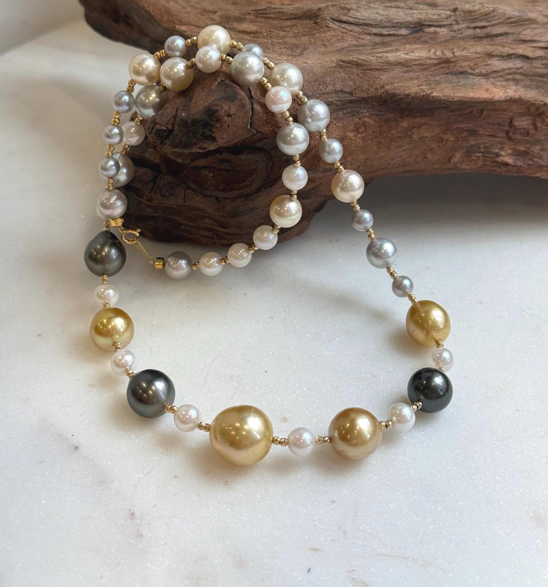 Elly’s Au750 18K gold 43pcs Multicolor ocean pearls necklace choker: Extreme luster mirrored, 17.6”, 18k gold necklace strand.