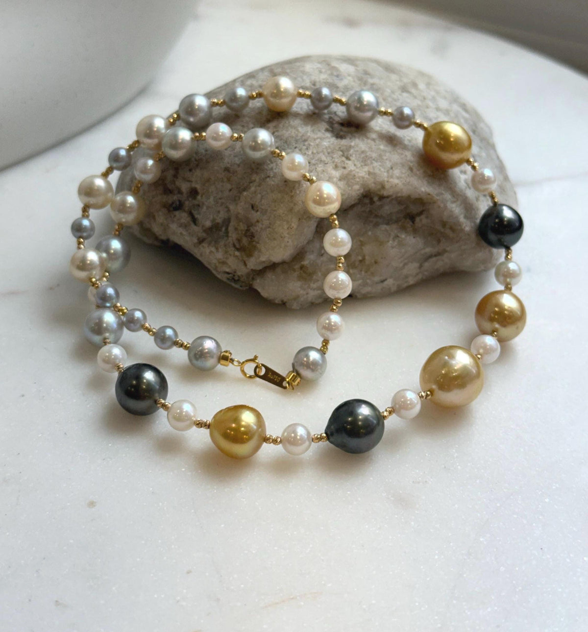 Elly’s Au750 18K gold 43pcs Multicolor ocean pearls necklace choker: Extreme luster mirrored, 17.6”, 18k gold necklace strand.