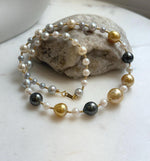 Elly’s Au750 18K gold 43pcs Multicolor ocean pearls necklace choker: Extreme luster mirrored, 17.6”, 18k gold necklace strand.