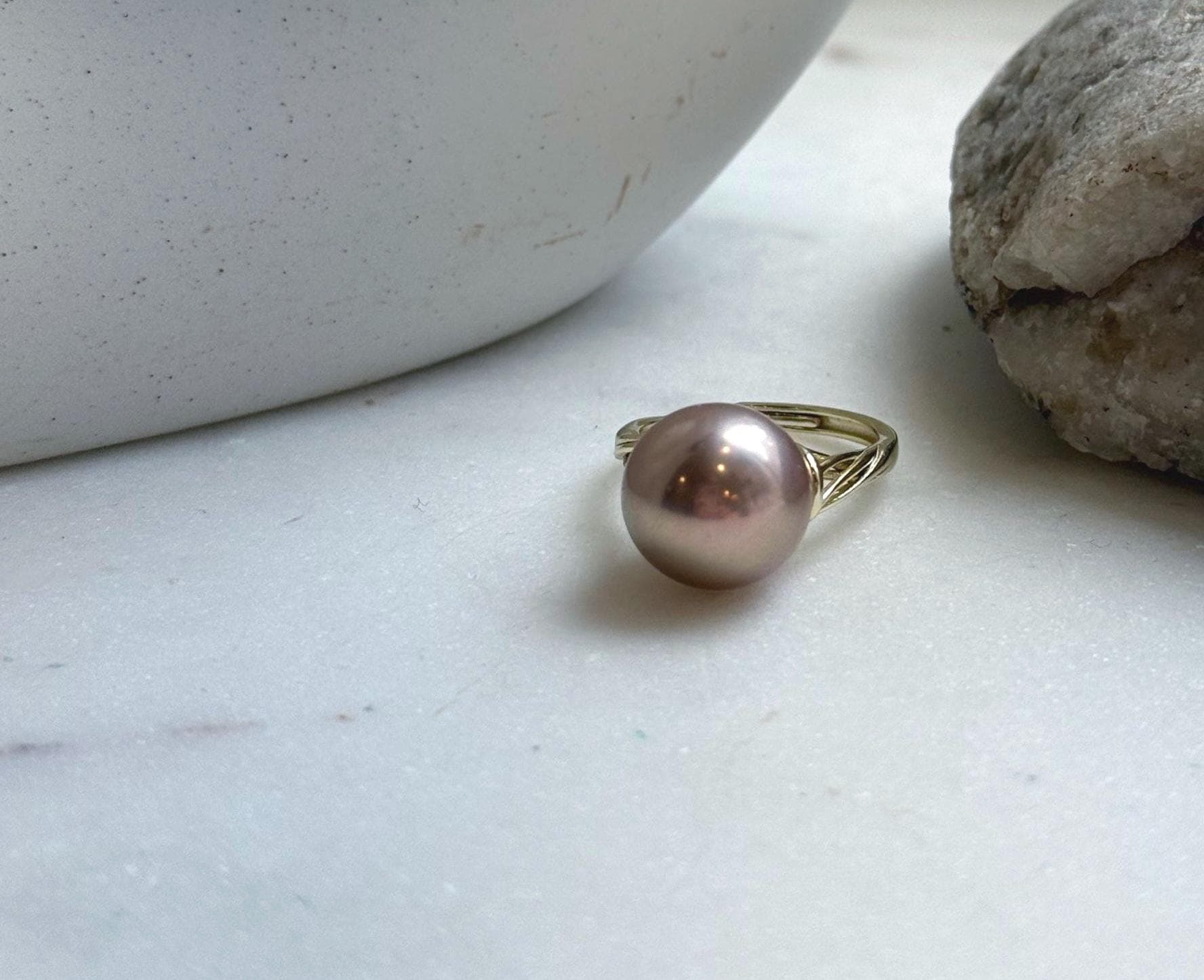 Elly’s 12.5mm Edison antique gold pearl ring: Extreme luster mirrored, S925 silver adjustable ring. daily office antique gold pearl ring for her