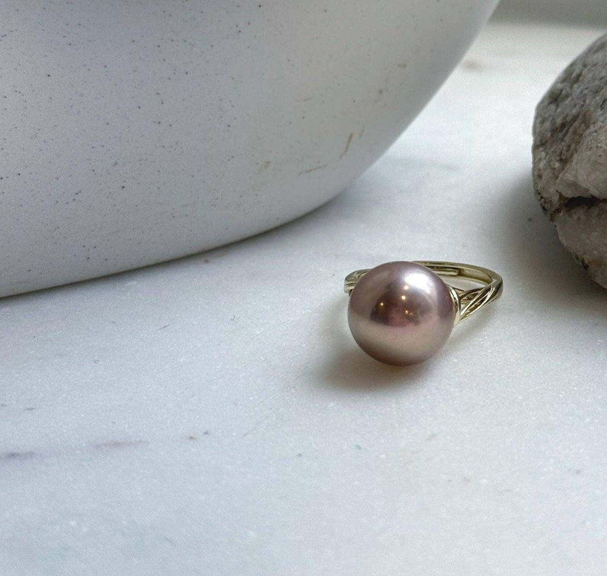 Elly’s 12.5mm Edison antique gold pearl ring: Extreme luster mirrored, S925 silver adjustable ring. daily office antique gold pearl ring for her