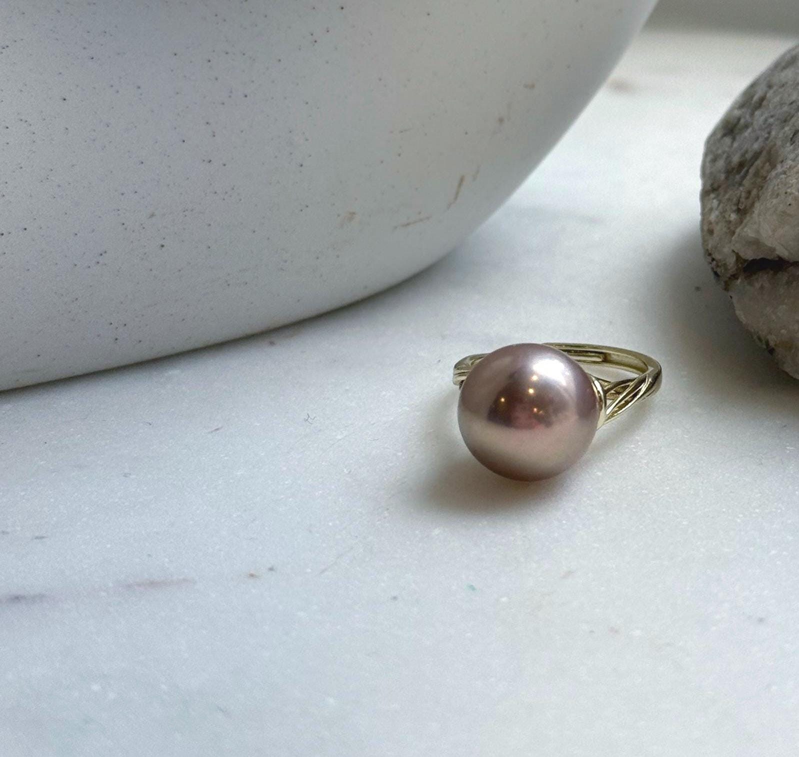 Elly’s 12.5mm Edison antique gold pearl ring: Extreme luster mirrored, S925 silver adjustable ring. daily office antique gold pearl ring for her