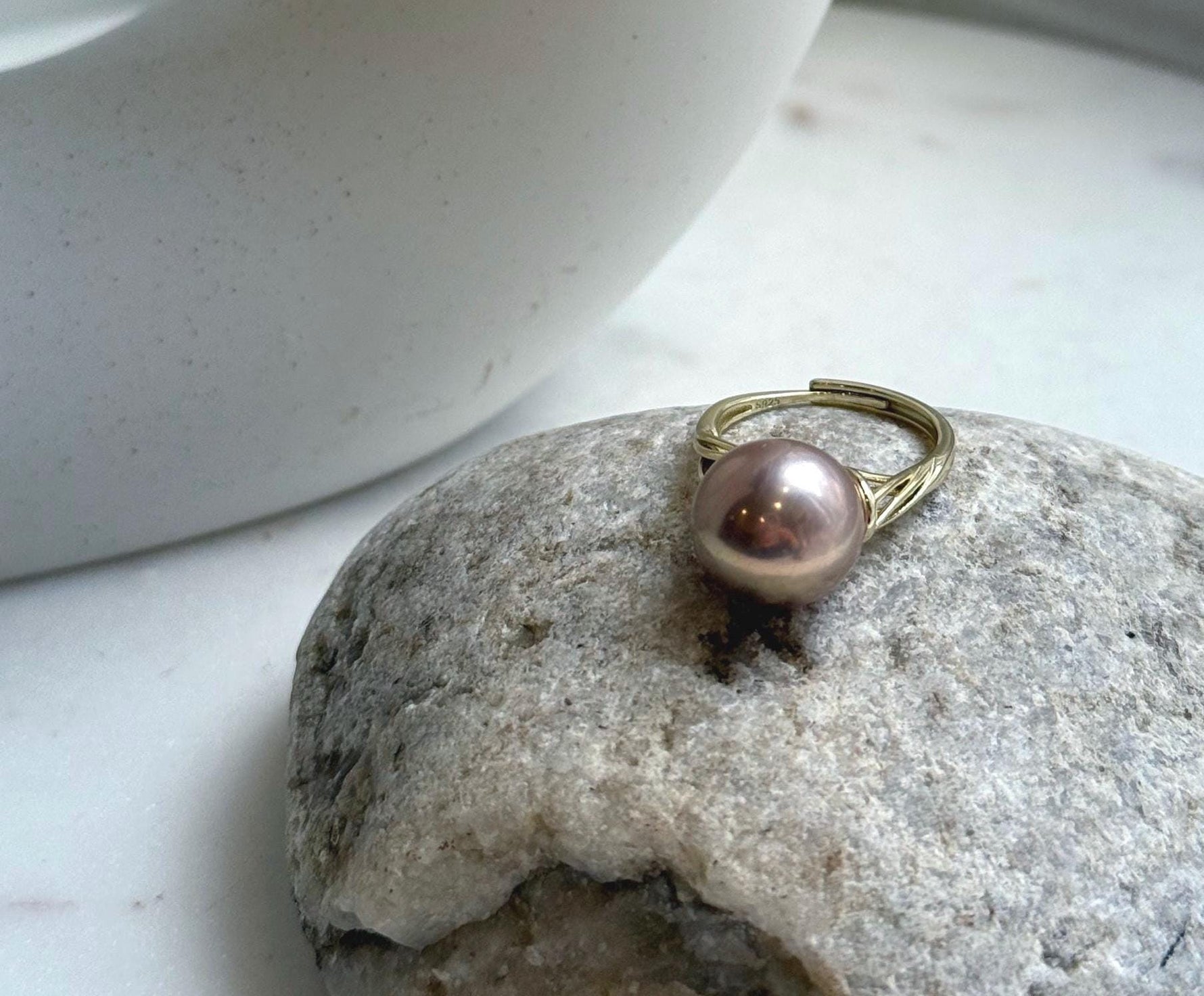 Elly’s 12.5mm Edison antique gold pearl ring: Extreme luster mirrored, S925 silver adjustable ring. daily office antique gold pearl ring for her