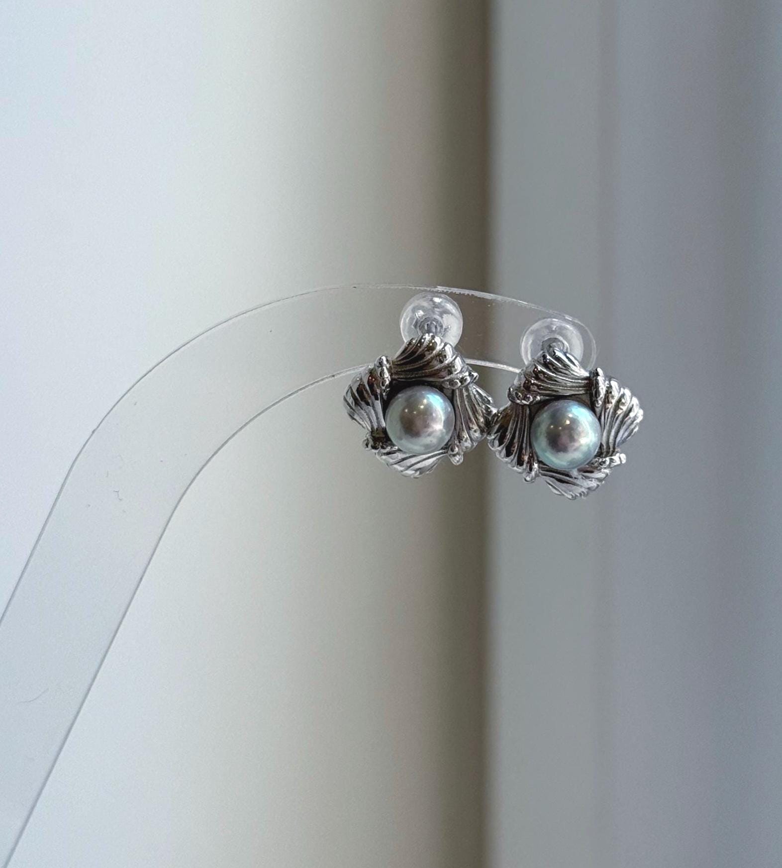 Elly’s 5.9mm Akoya ocean Natural Blue silver pearls earings: Extreme luster mirrored, s925 silver cool earrings studs.