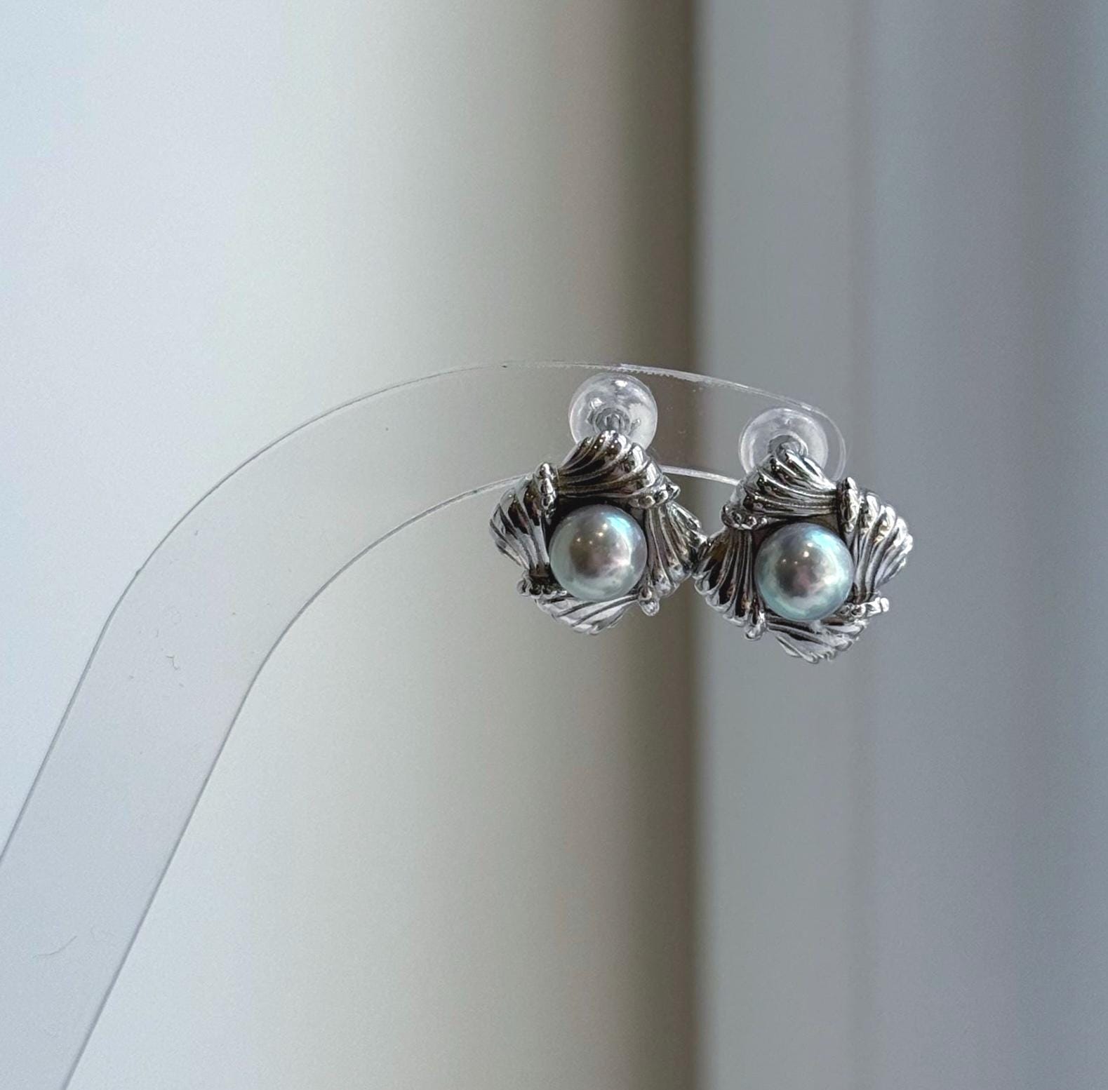 Elly’s 5.9mm Akoya ocean Natural Blue silver pearls earings: Extreme luster mirrored, s925 silver cool earrings studs.