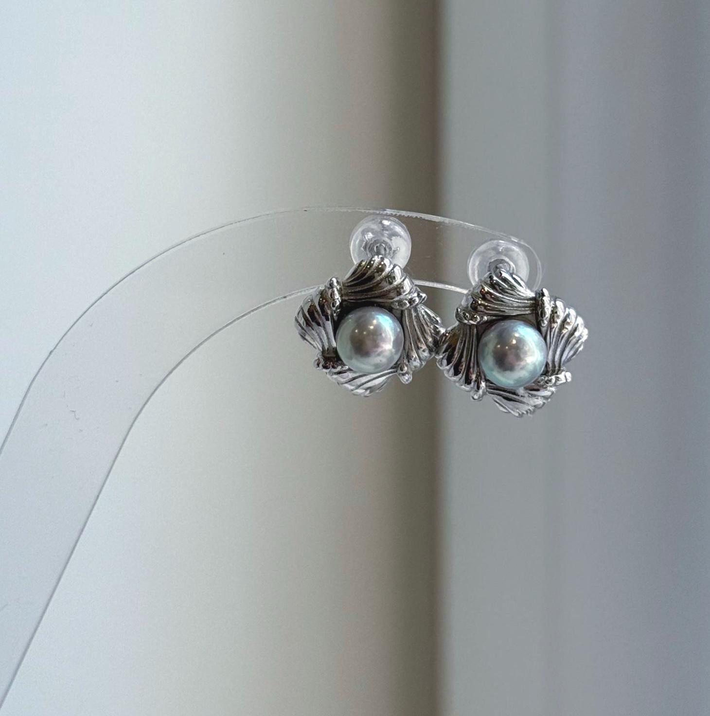 Elly’s 5.9mm Akoya ocean Natural Blue silver pearls earings: Extreme luster mirrored, s925 silver cool earrings studs.
