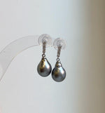Elly’s 10mm Tahitian Platinum ocean pearls earrings: Extreme luster mirrored, 2.5cm high, S925 silver Cool earrings.