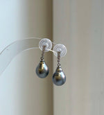 Elly’s 10mm Tahitian Platinum ocean pearls earrings: Extreme luster mirrored, 2.5cm high, S925 silver Cool earrings. daily office black pearls earrings for her
