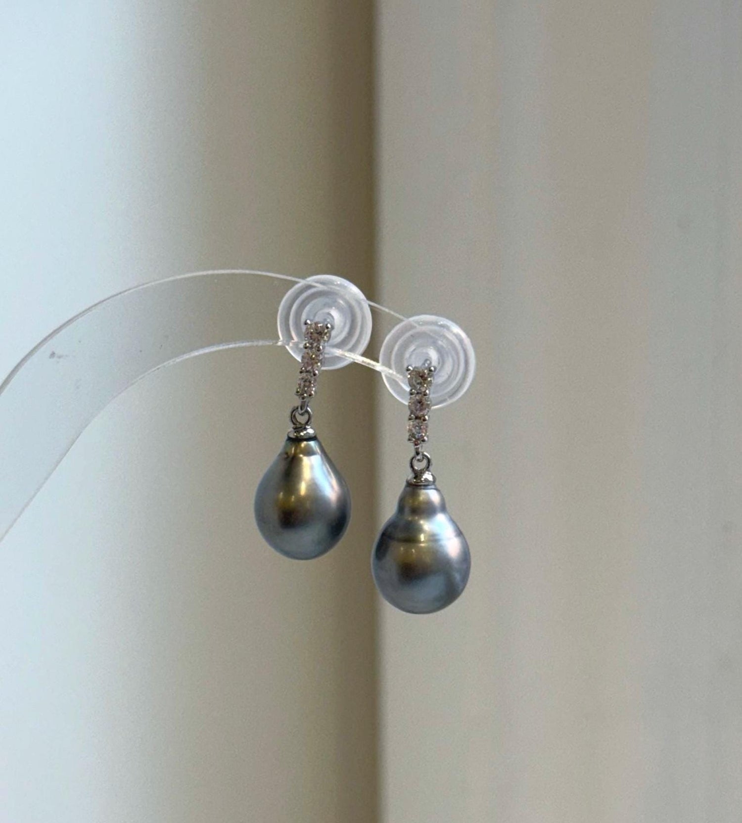 Elly’s 10mm Tahitian Platinum ocean pearls earrings: Extreme luster mirrored, 2.5cm high, S925 silver Cool earrings. daily office black pearls earrings for her