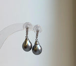 Elly’s 10mm Tahitian Platinum ocean pearls earrings: Extreme luster mirrored, 2.5cm high, S925 silver Cool earrings. daily office black pearls earrings for her Mother’s Day gift