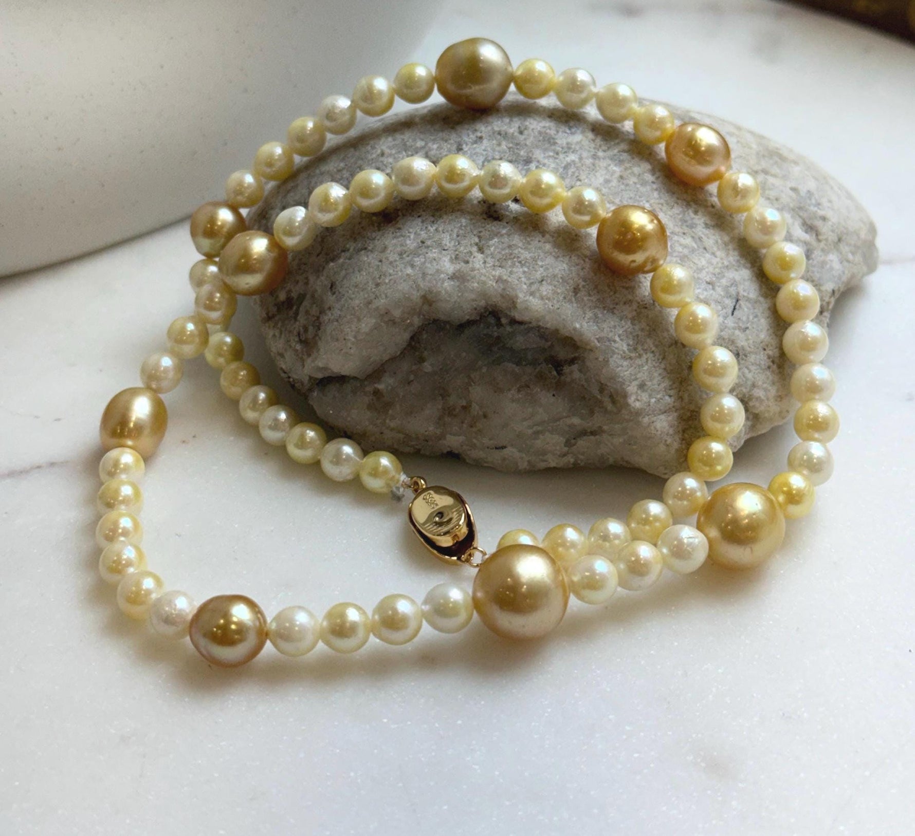 Elly’s 6-12.3mm South sea golden Akoya ocean pearls necklace:Extreme luster mirrored, 20.4”, S925 silver necklace strand. high quality golden pearls necklace for her