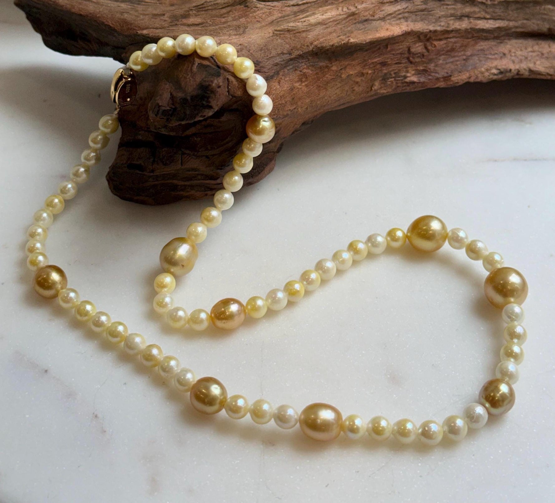 Elly’s 6-12.3mm South sea golden Akoya ocean pearls necklace:Extreme luster mirrored, 20.4”, S925 silver necklace strand. high quality golden pearls necklace for her