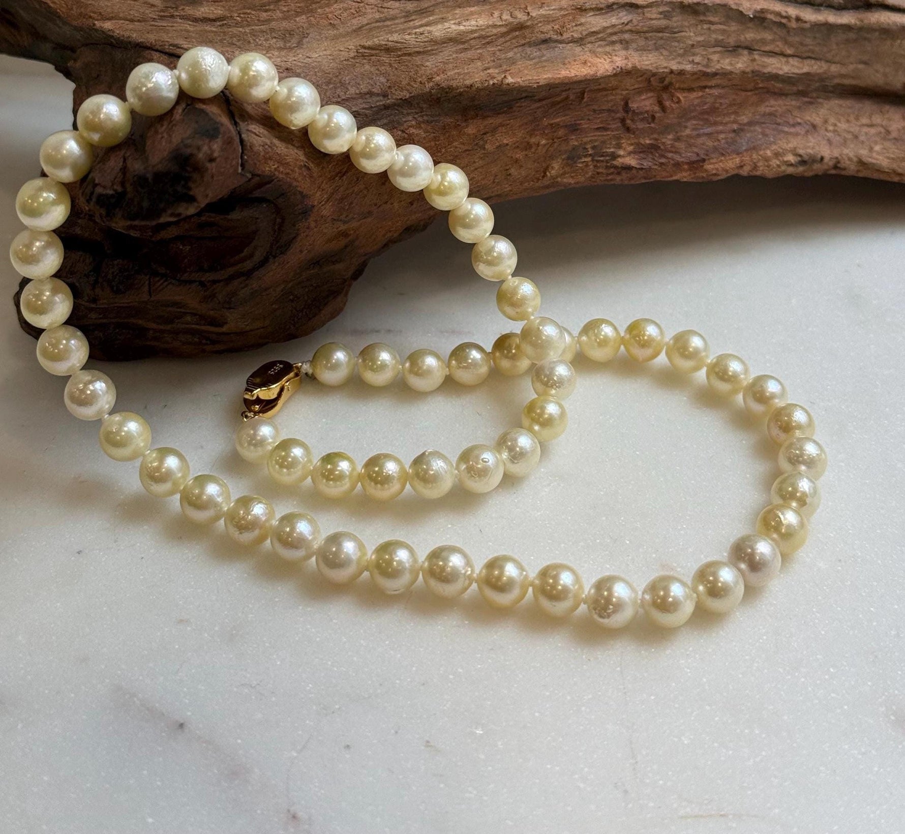 Elly’s 57pcs Akoya Golden ocean pearls necklace:Extreme luster mirrored, knotted 18”, S925 silver necklace strand. high quality golden ocean pearls necklace strand for her daily office wear