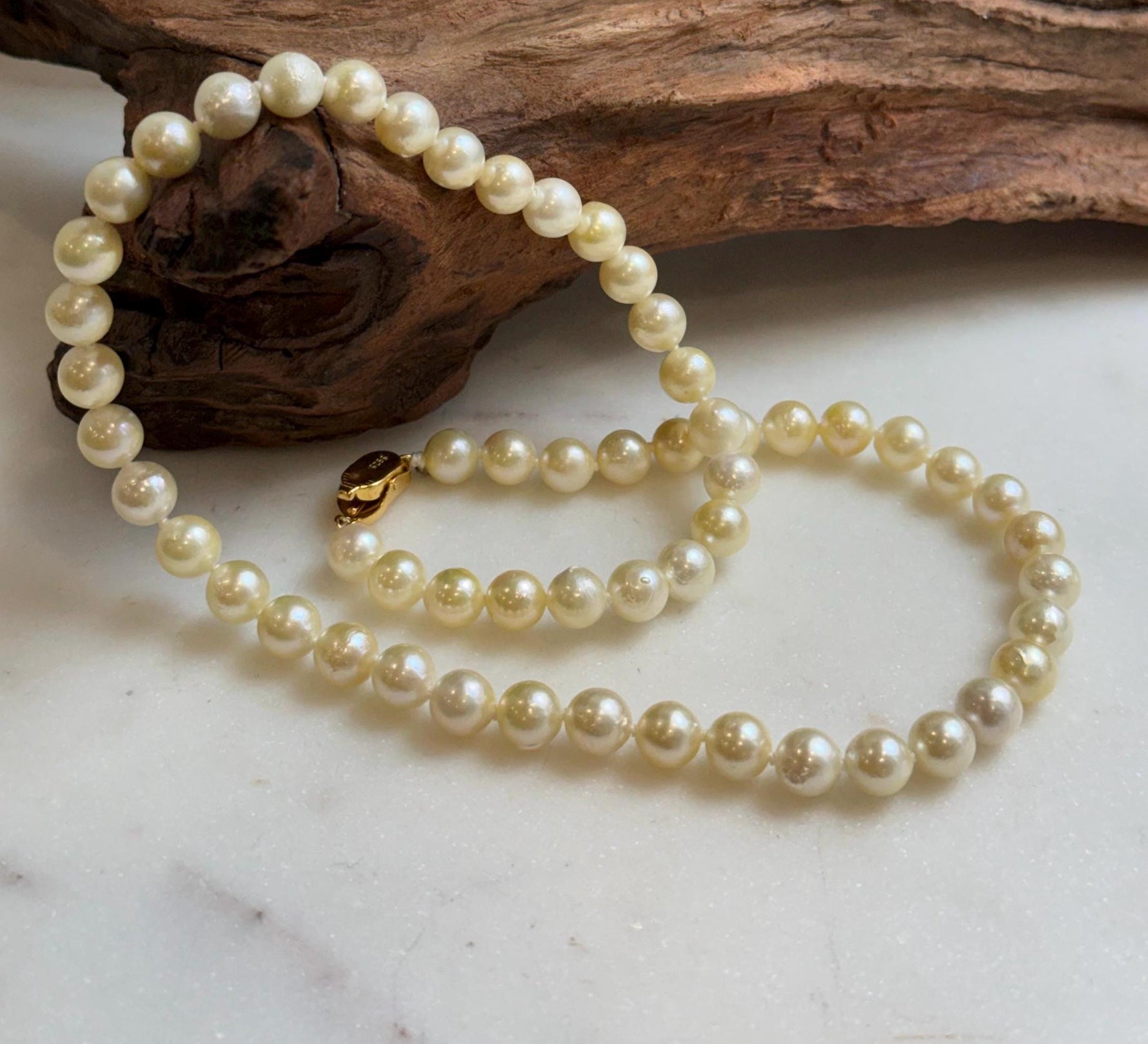 Elly’s 57pcs Akoya Golden ocean pearls necklace:Extreme luster mirrored, knotted 18”, S925 silver necklace strand. high quality golden ocean pearls necklace strand for her daily office wear Mother’s Day