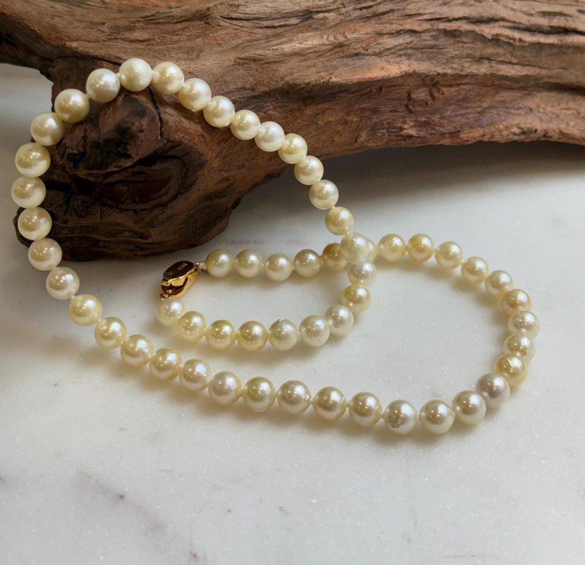 Elly’s 57pcs Akoya Golden ocean pearls necklace:Extreme luster mirrored, knotted 18”, S925 silver necklace strand. high quality golden ocean pearls necklace strand for her daily office wear Mother’s Day