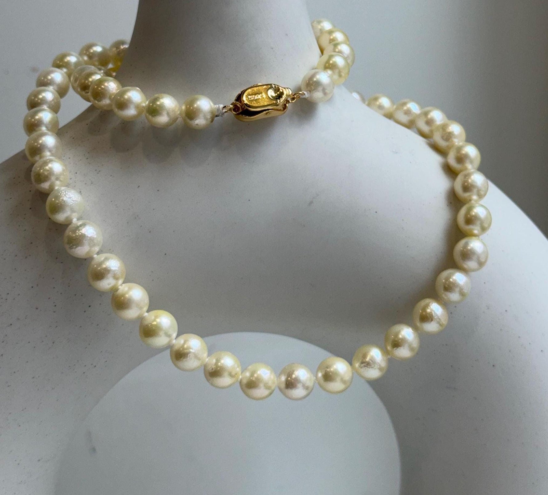 Elly’s 57pcs Akoya Golden ocean pearls necklace:Extreme luster mirrored, knotted 18”, S925 silver necklace strand. high quality golden ocean pearls necklace strand for her daily office wear Mother’s Day