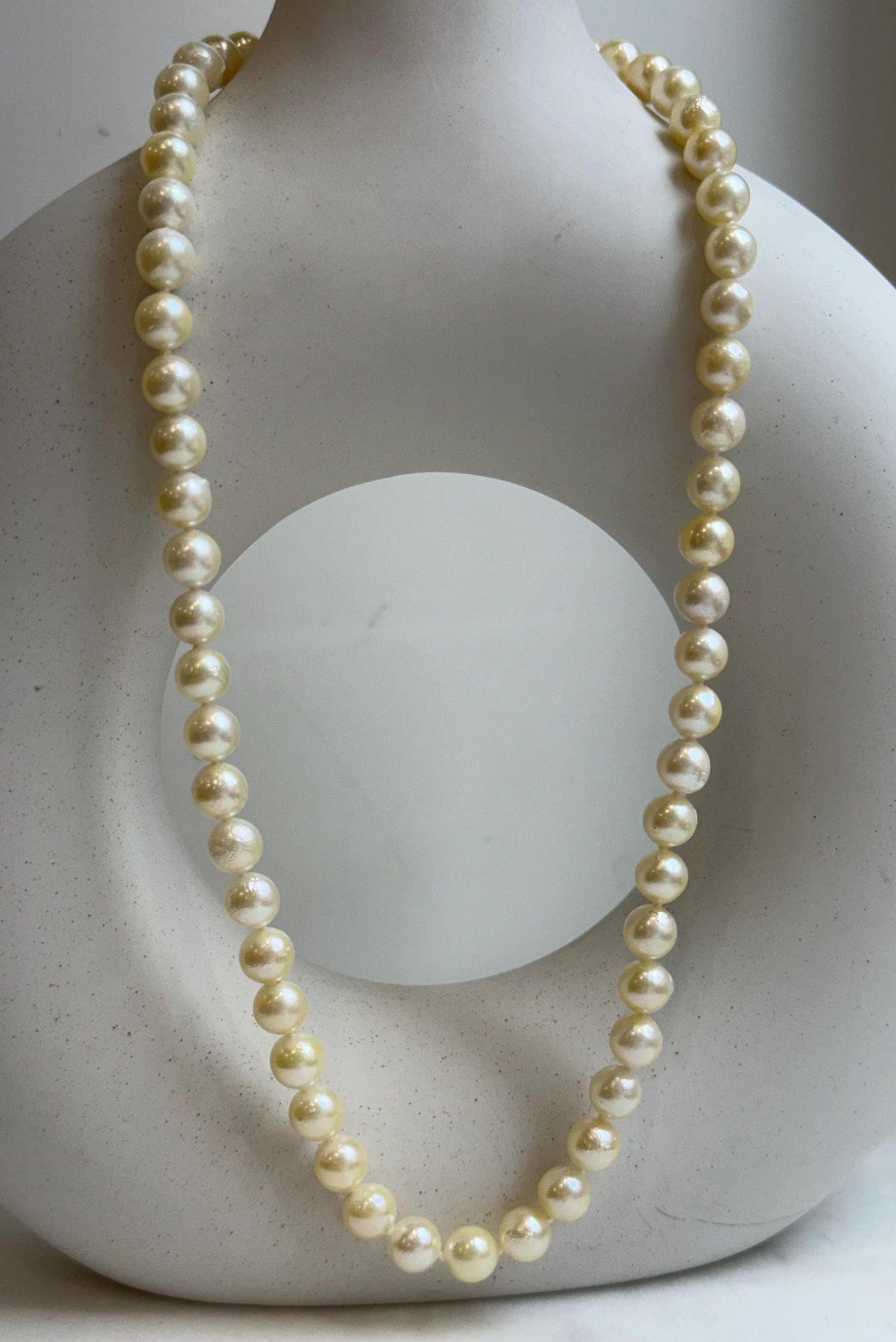 Elly’s 57pcs Akoya Golden ocean pearls necklace:Extreme luster mirrored, knotted 18”, S925 silver necklace strand. high quality golden ocean pearls necklace strand for her daily office wear Mother’s Day