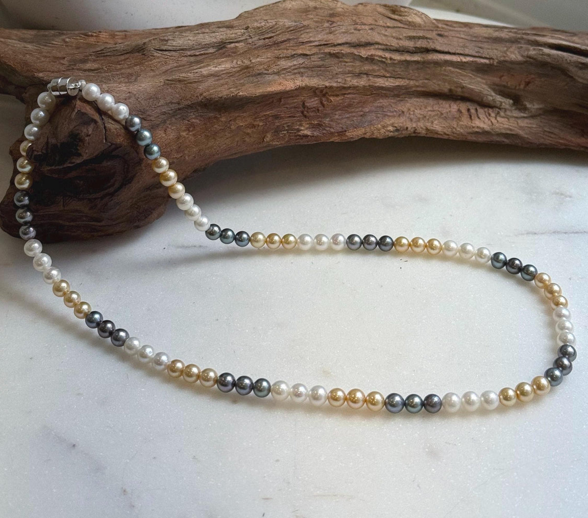 Elly’s 5.2-5.6mm  Freshwater White golden peacock pearls necklace: Extreme luster mirrored, 17.5”, s925 silver necklace strand.