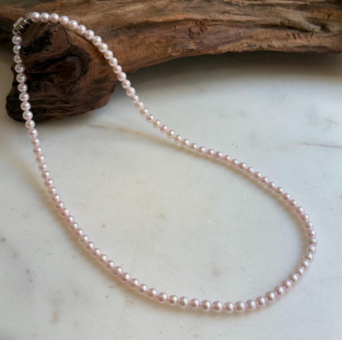 Elly’s Pale Pink Pearls Necklace Strand: Extreme luster mirrored,4.6-5mm, 17.6”, S925 silver necklace.