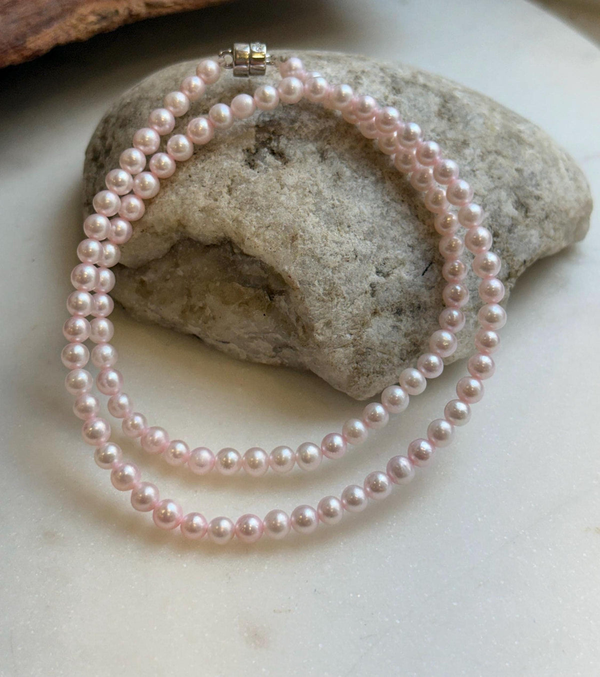 Elly’s Pale Pink Pearls Necklace Strand: Extreme luster mirrored,4.6-5mm, 17.6”, S925 silver necklace.