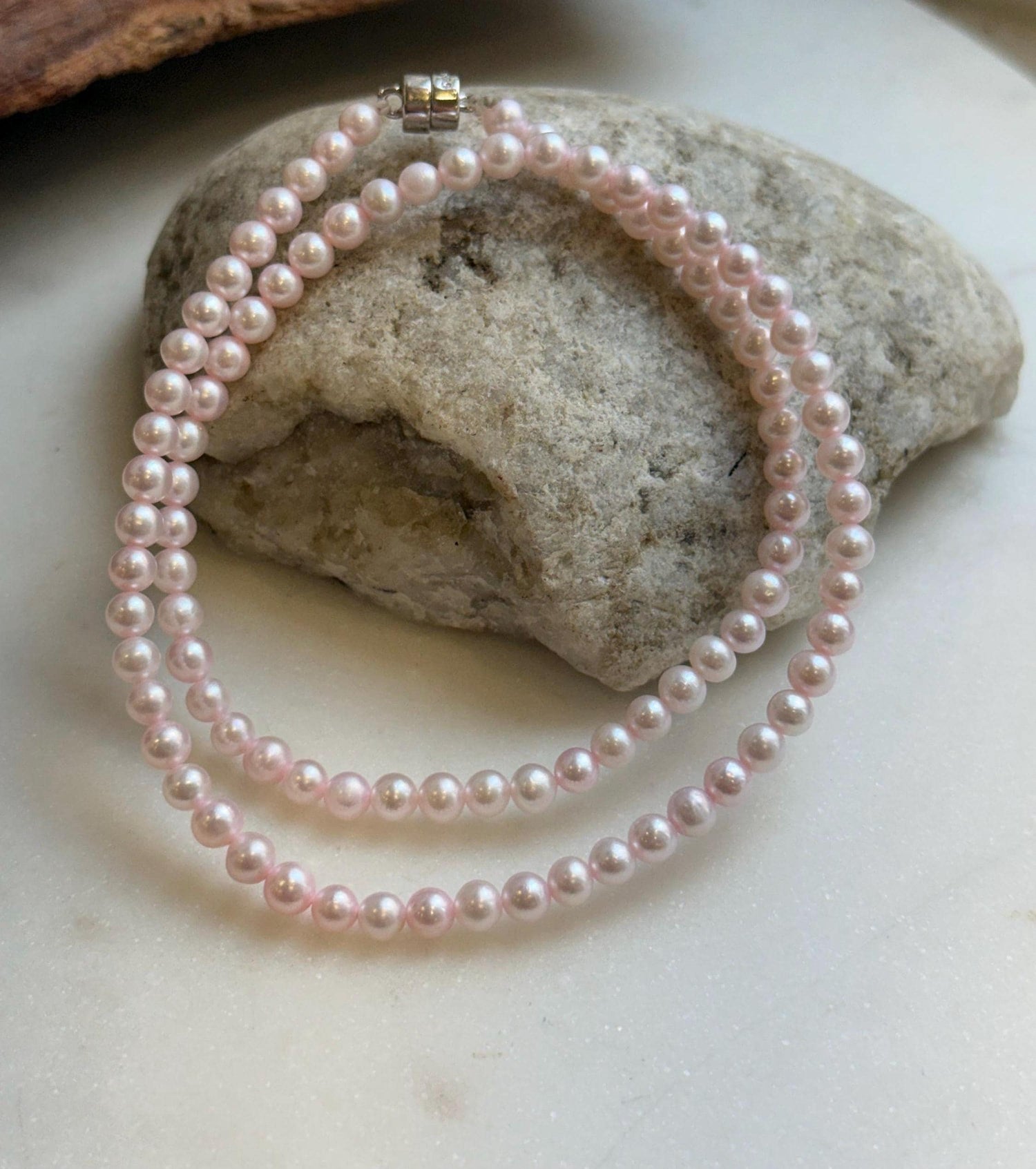 Elly’s Pale Pink Pearls Necklace Strand: Extreme luster mirrored,4.6-5mm, 17.6”, S925 silver necklace.