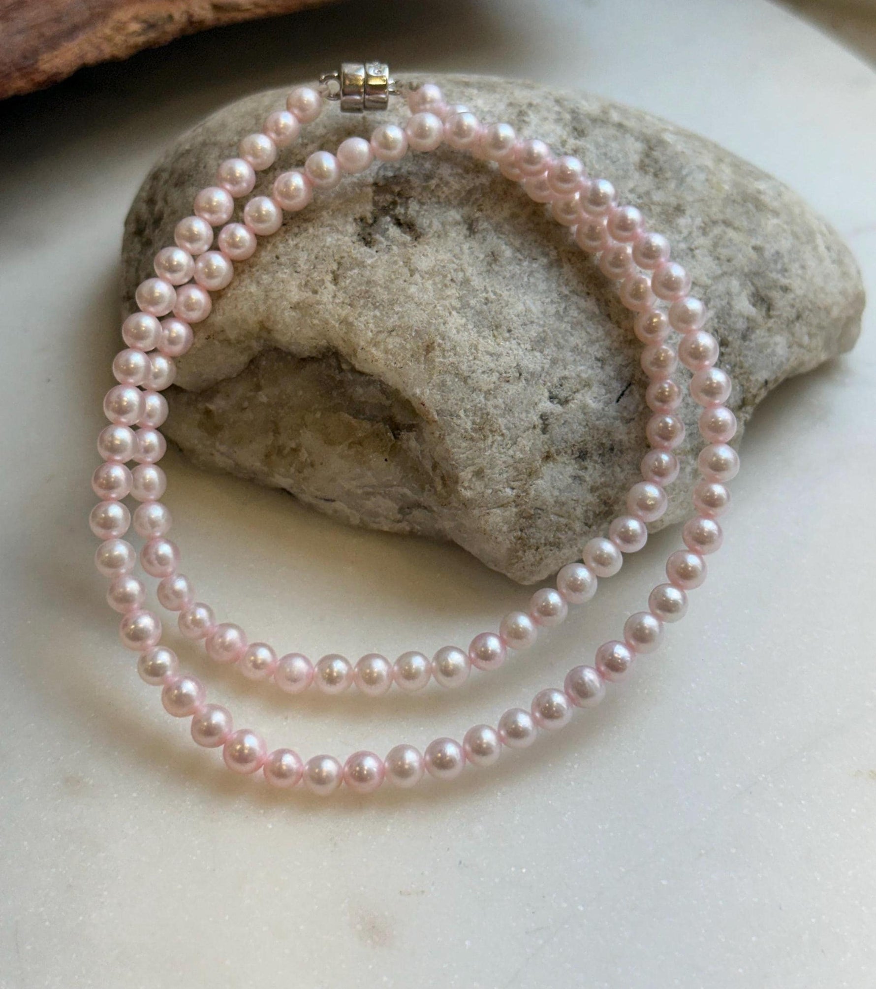 Elly’s Pale Pink Pearls Necklace Strand: Extreme luster mirrored,4.6-5mm, 17.6”, S925 silver necklace.
