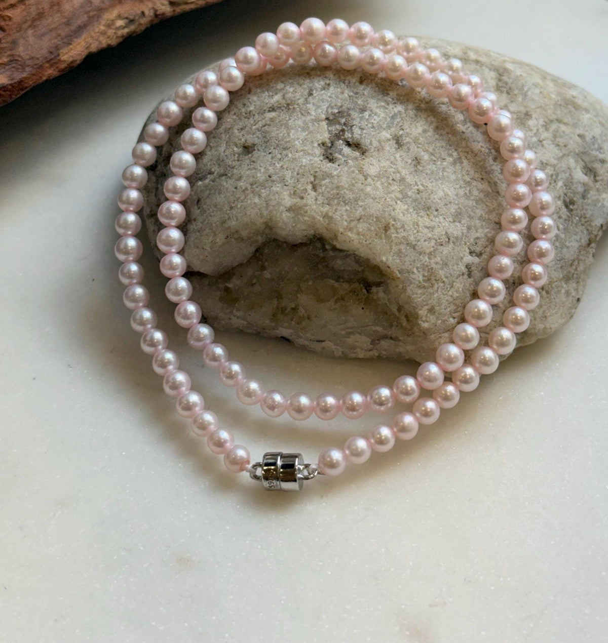 Elly’s Pale Pink Pearls Necklace Strand: Extreme luster mirrored,4.6-5mm, 17.6”, S925 silver necklace.