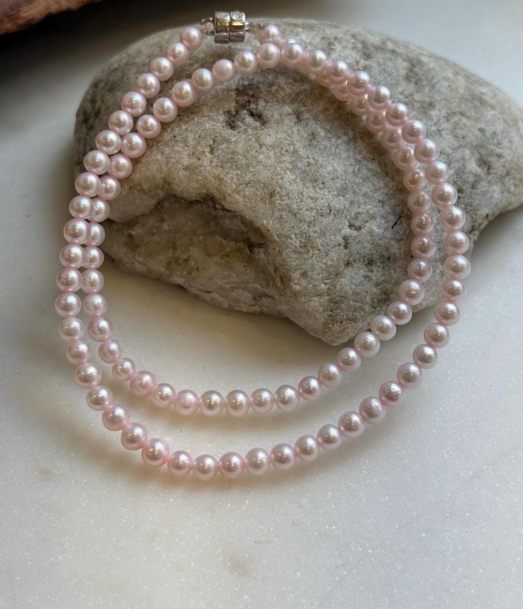 Elly’s Pale Pink Pearls Necklace Strand: Extreme luster mirrored,4.6-5mm, 17.6”, S925 silver necklace.