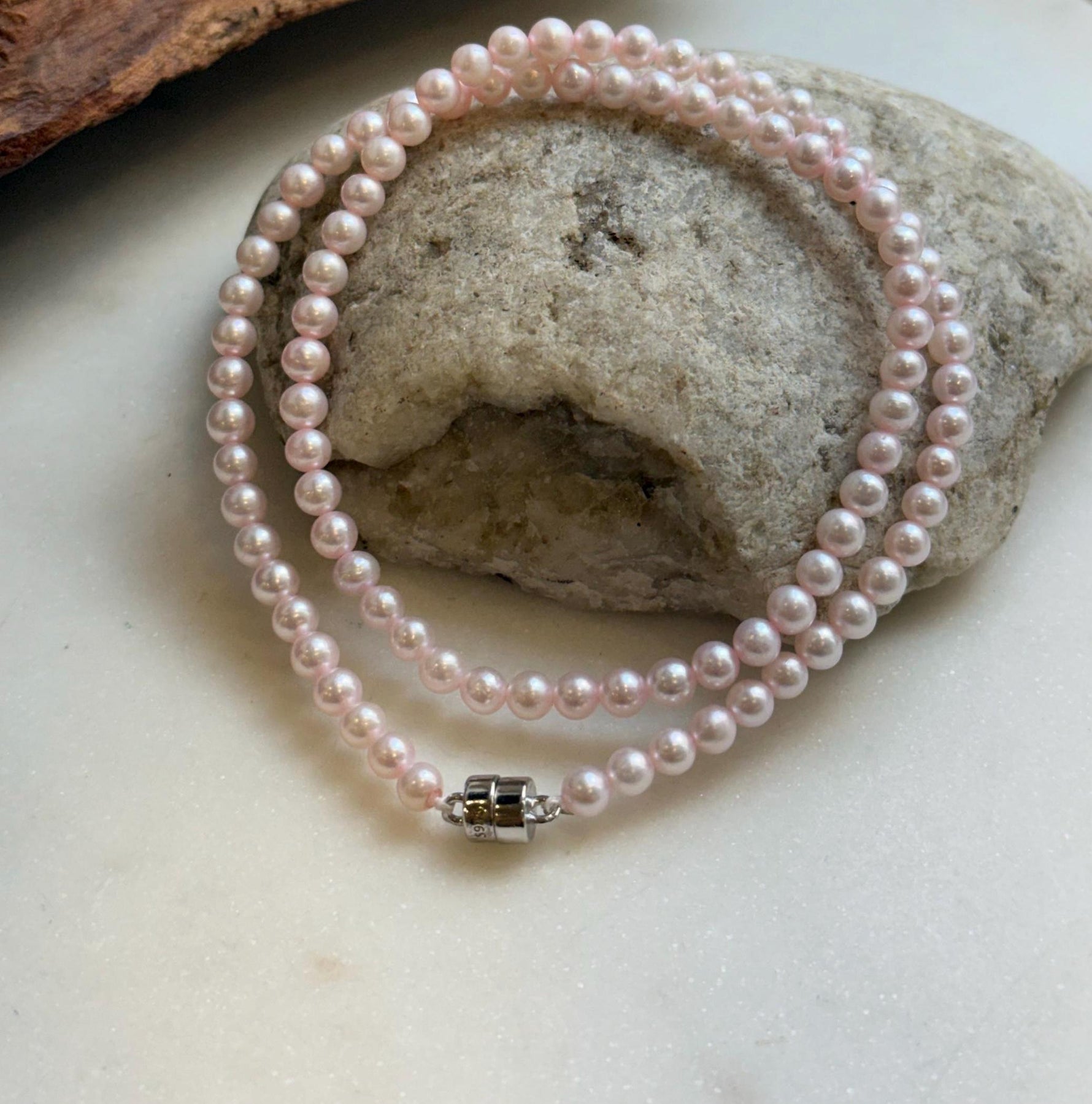 Elly’s Pale Pink Pearls Necklace Strand: Extreme luster mirrored,4.6-5mm, 17.6”, S925 silver necklace.