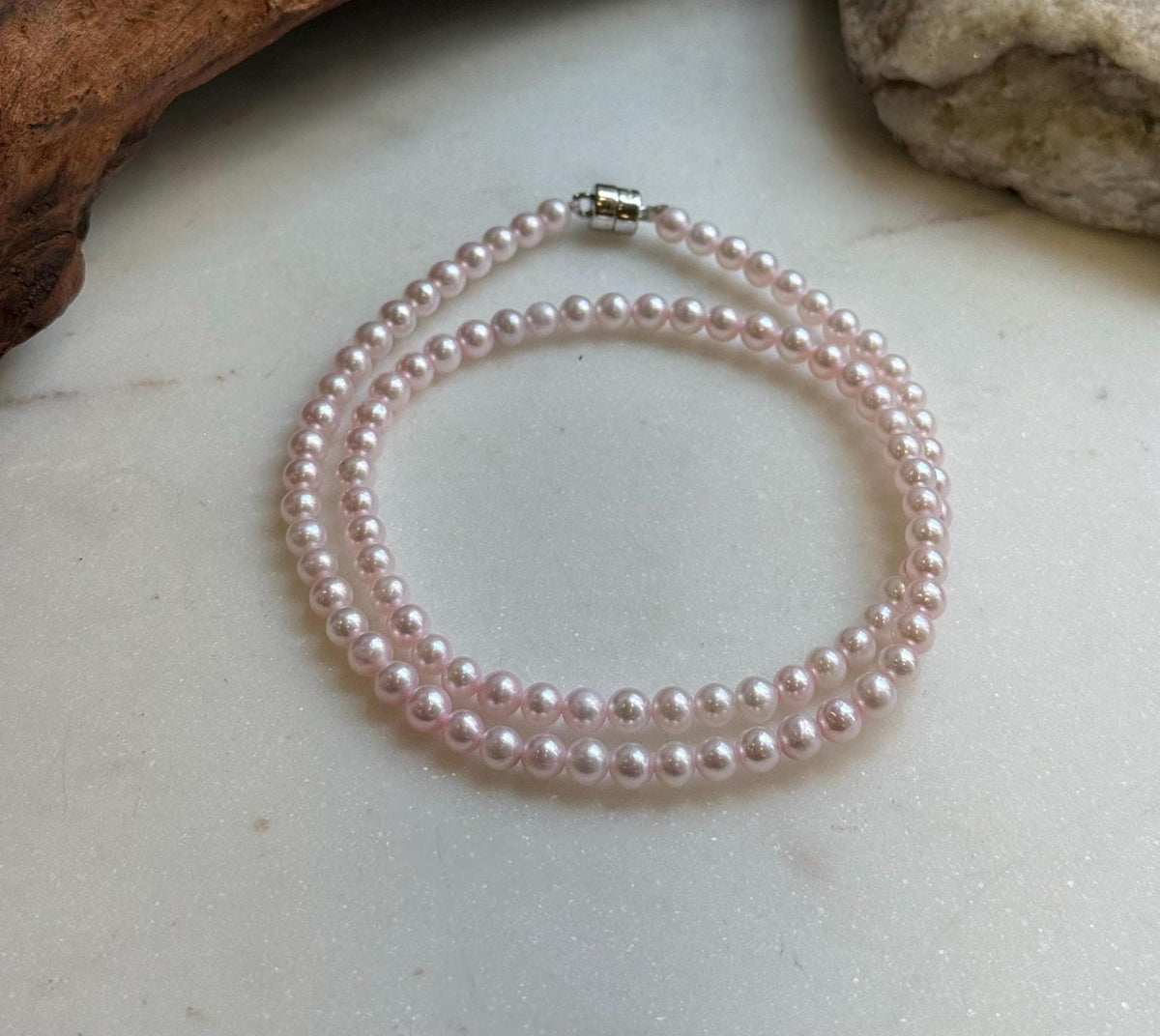Elly’s Pale Pink Pearls Necklace Strand: Extreme luster mirrored,4.6-5mm, 17.6”, S925 silver necklace.