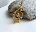 Elly’s white Pearls Treble Clef  Brooch Pendant 2in1: Extreme luster mirrored, 4.3-5mm, 2.5x4.7cm, daily office music brooch for her