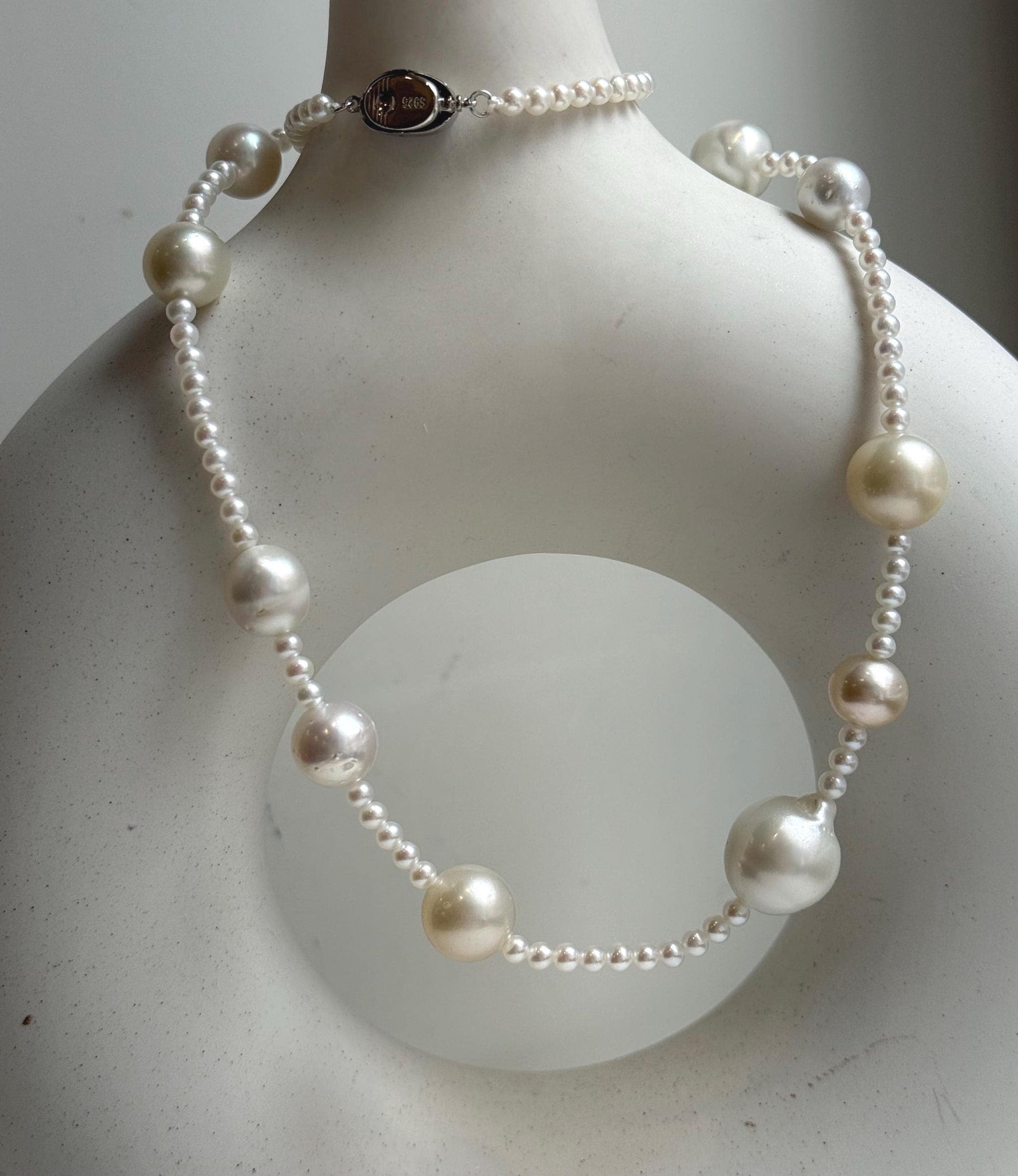 Elly’s 12pcs 9.2-14.4mm Australian ocean white Freshwater pearls necklace:Extreme luster mirrored, 20”, S925 silver necklace strand. daily office ocean pearls necklace strand for her birthday