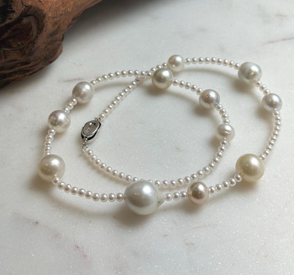Elly’s 12pcs 9.2-14.4mm Australian ocean white Freshwater pearls necklace:Extreme luster mirrored, 20”, S925 silver necklace strand. daily office ocean pearls necklace strand for her anniversary