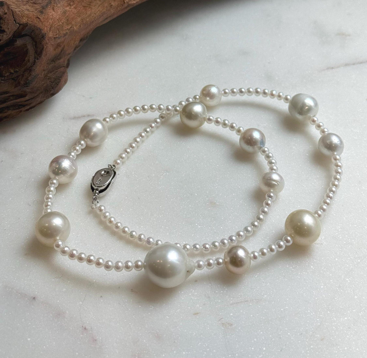 Elly’s 12pcs 9.2-14.4mm Australian ocean white Freshwater pearls necklace:Extreme luster mirrored, 20”, S925 silver necklace strand. daily office ocean pearls necklace strand for her