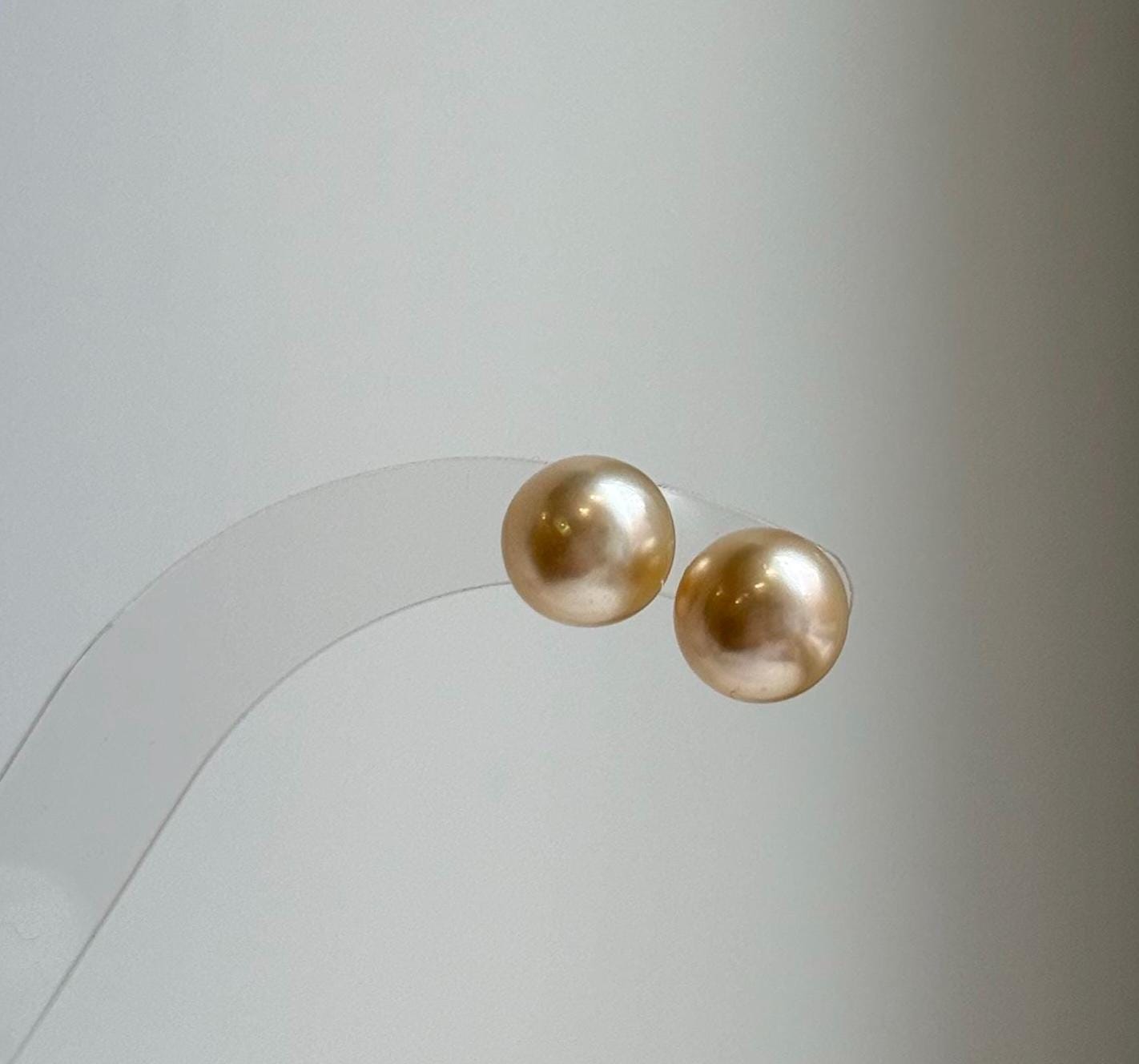 Elly’s 9.6mm Genius South sea Champagne Gold ocean Pearls Earrings studs: Extreme luster, S925 silver minimalist earrings studs. daily office golden ocean pearls earrings studs for her
