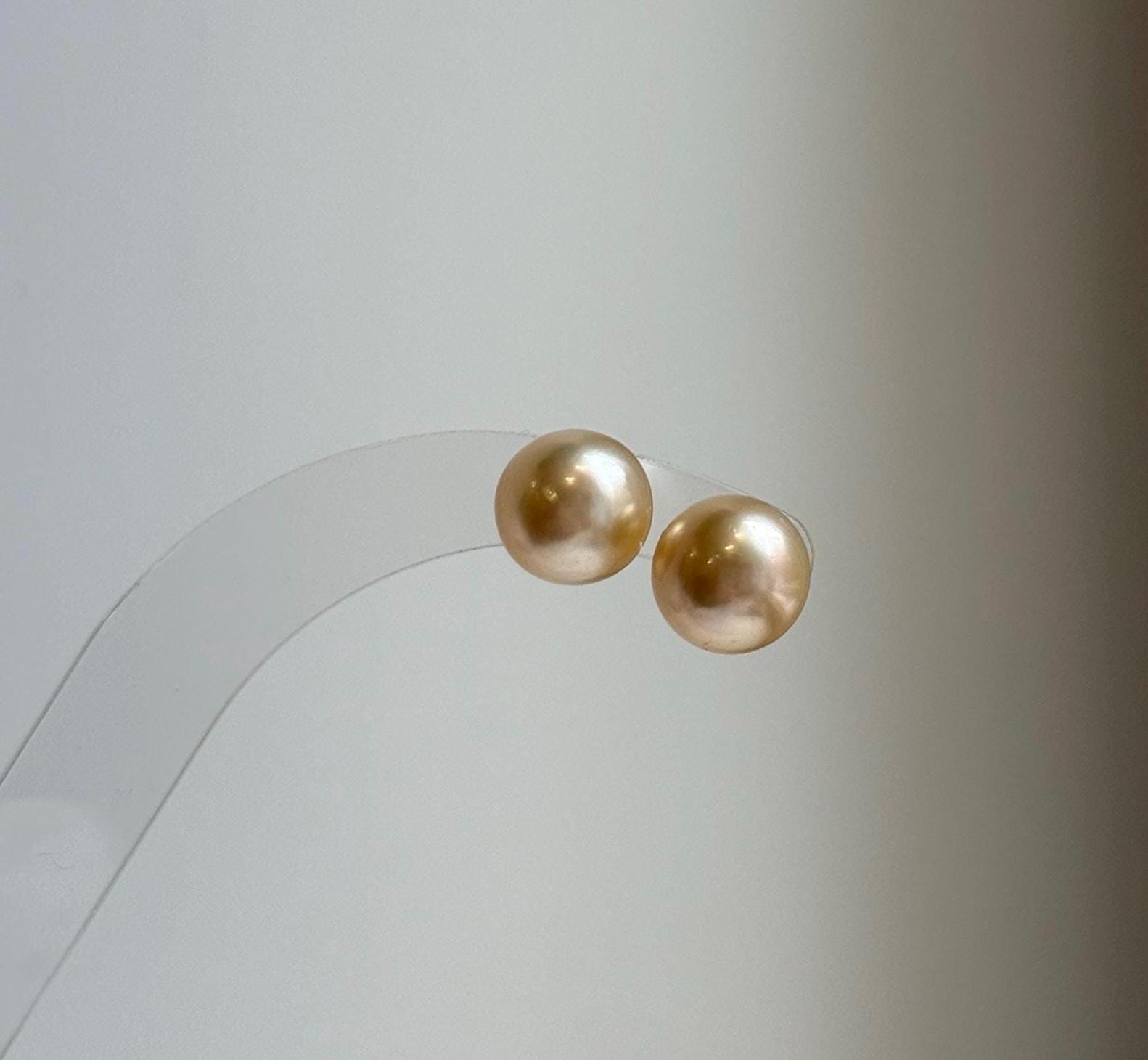 Elly’s 9.6mm Genius South sea Champagne Gold ocean Pearls Earrings studs: Extreme luster, S925 silver minimalist earrings studs. daily office golden ocean pearls earrings studs for her Mother’s Day gift
