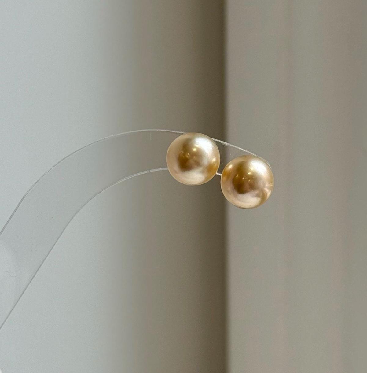 Elly’s 9.6mm Genius South sea Champagne Gold ocean Pearls Earrings studs: Extreme luster, S925 silver minimalist earrings studs. daily office golden ocean pearls earrings studs for her Mother’s Day gift