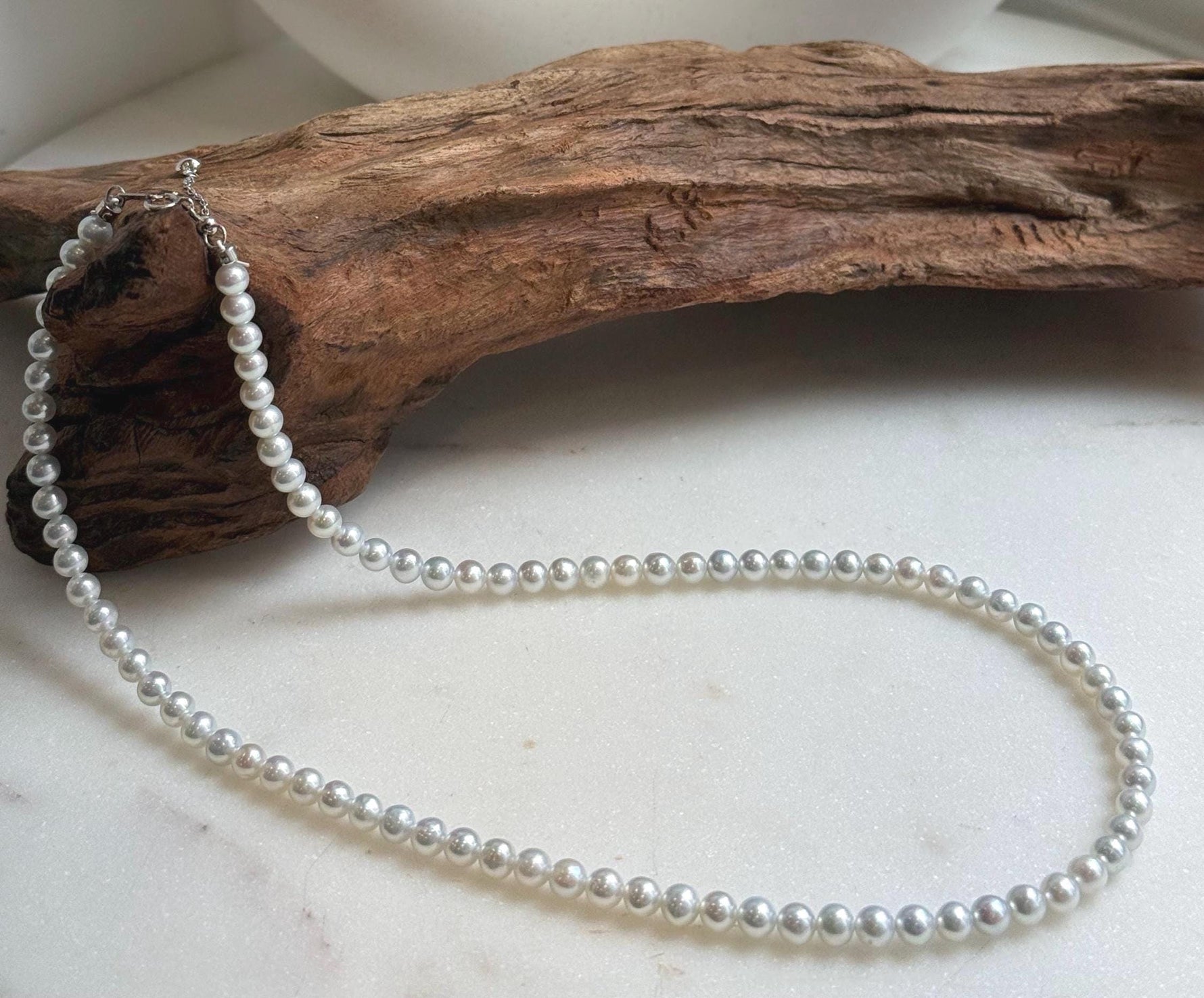 Elly’s 4.7-5.3mm Insale Freshwater White Pearls Necklace: Extreme luster mirrored, To 18.9”, S925 silver necklace strand. daily office small pearls necklace gift for her Mother’s Day