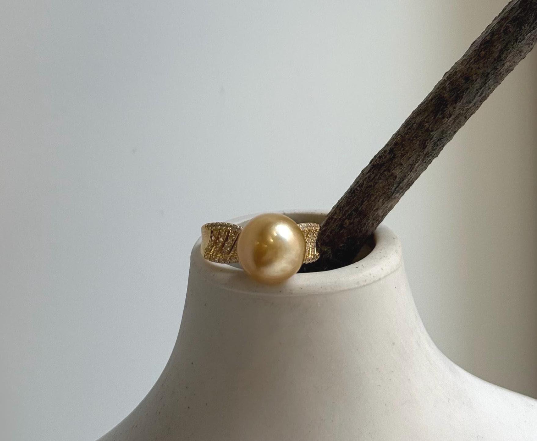Elly’s 10.7mm South sea deep golden ocean pearl Ring: Extreme luster, S925 silver with gold plated adjustable minimalist Ring.