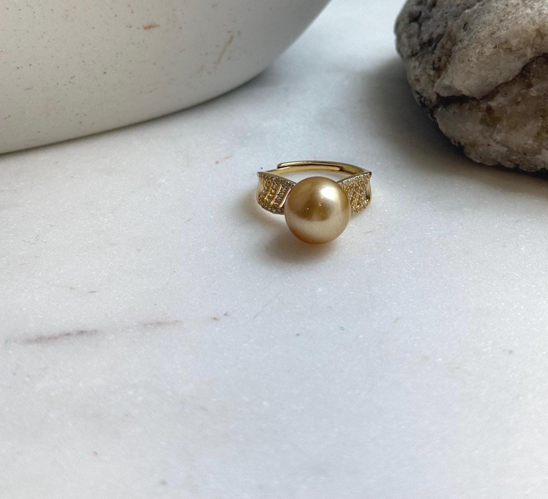 Elly’s 10.7mm South sea deep golden ocean pearl Ring: Extreme luster, S925 silver with gold plated adjustable minimalist Ring. high quality south sea golden pearl Ring for her anniversary
