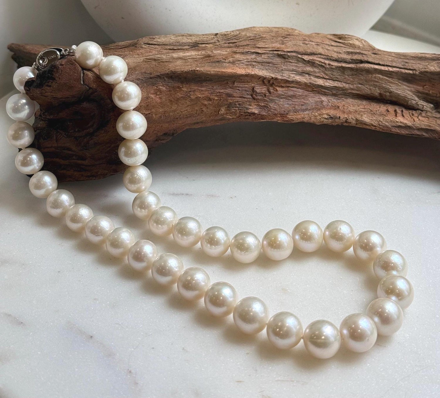Elly’s 35pcs off White Edison Pearls Necklace Strand: Strong luster, 11-12.8mm, 17.7”, S925 silver necklace.