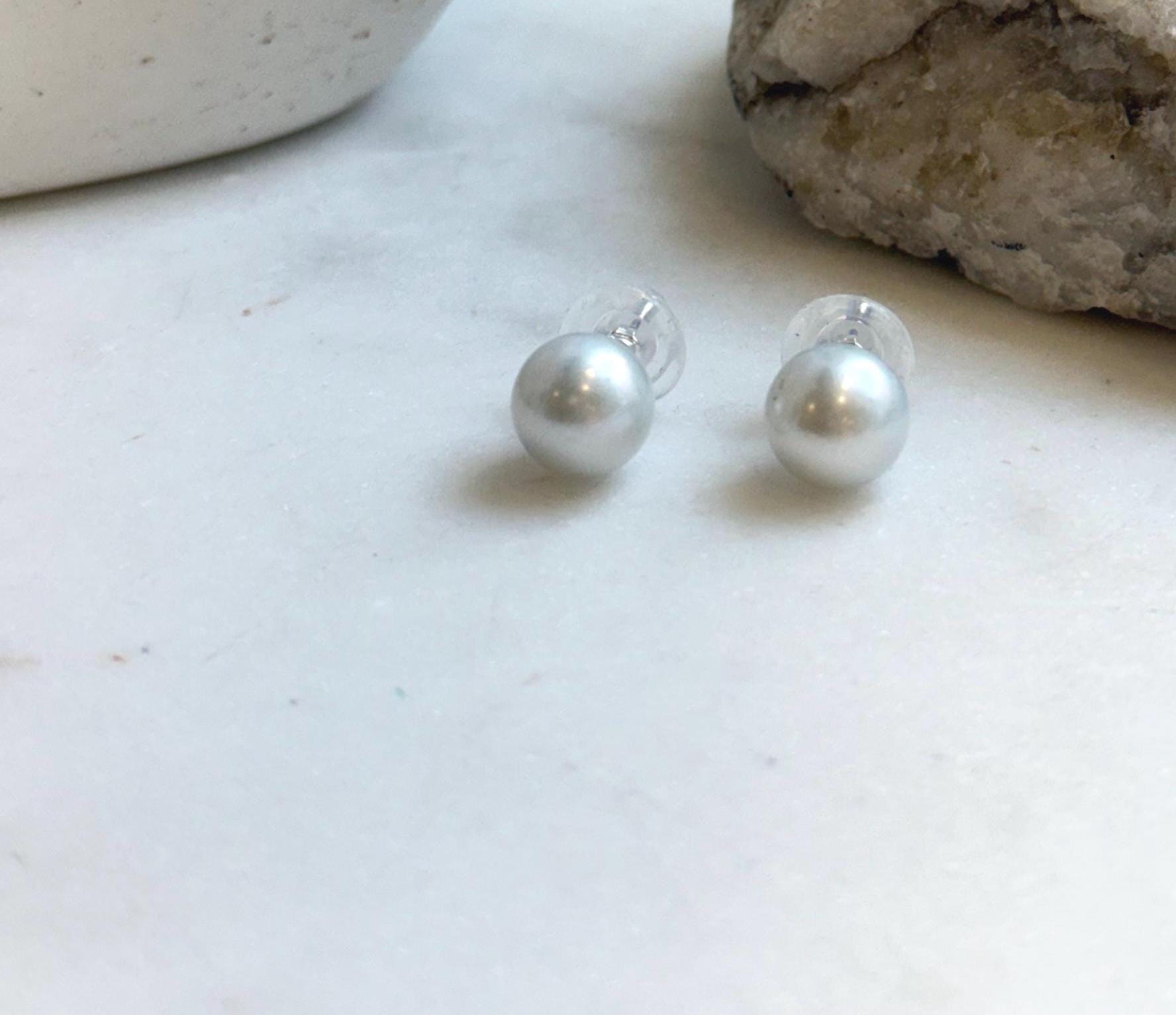 Elly’s 10.1mm White Blue Edison Pearls Earrings Studs: Extreme luster Mirrored, S925 silver minimalist earrings studs.