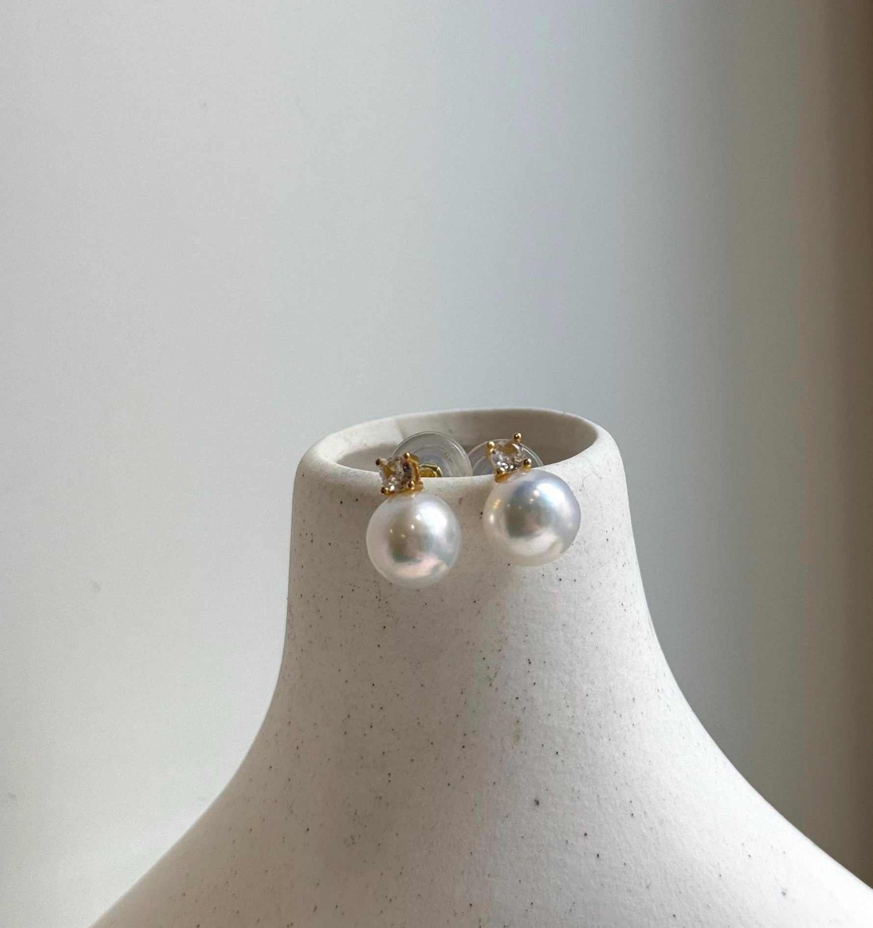Elly’s 9.8mm White Edison Pearls Earrings Studs: Extreme luster Mirrored, S925 silver minimalist earrings studs.