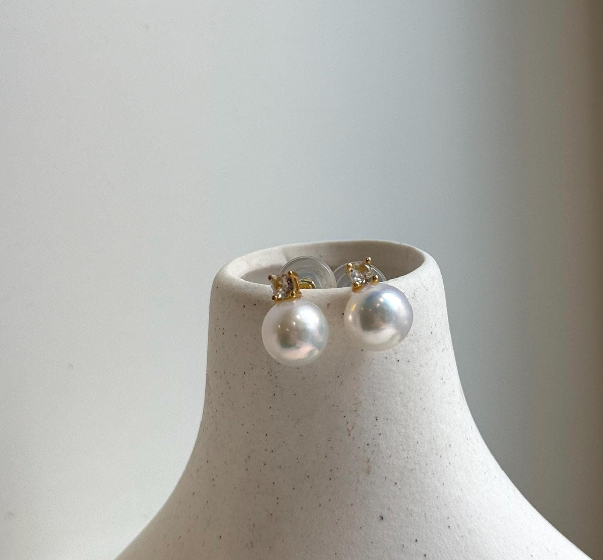 Elly’s 9.8mm White Edison Pearls Earrings Studs: Extreme luster Mirrored, S925 silver minimalist earrings studs.