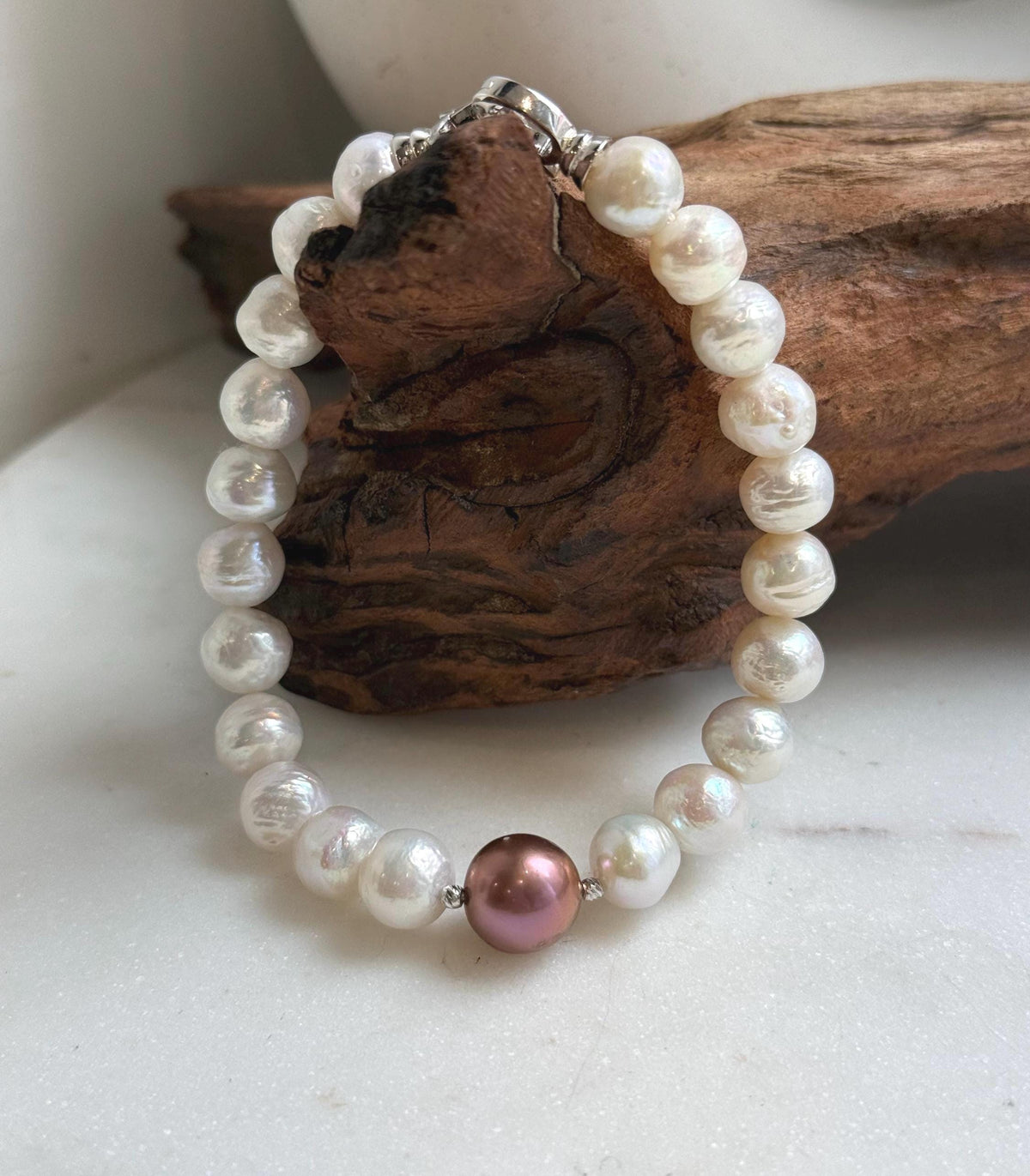 Elly’s 22pcs Bracelet White antique gold Pearls: Extreme luster mirrored, 8.2-10.2mm, S925 silver Bracelet.
