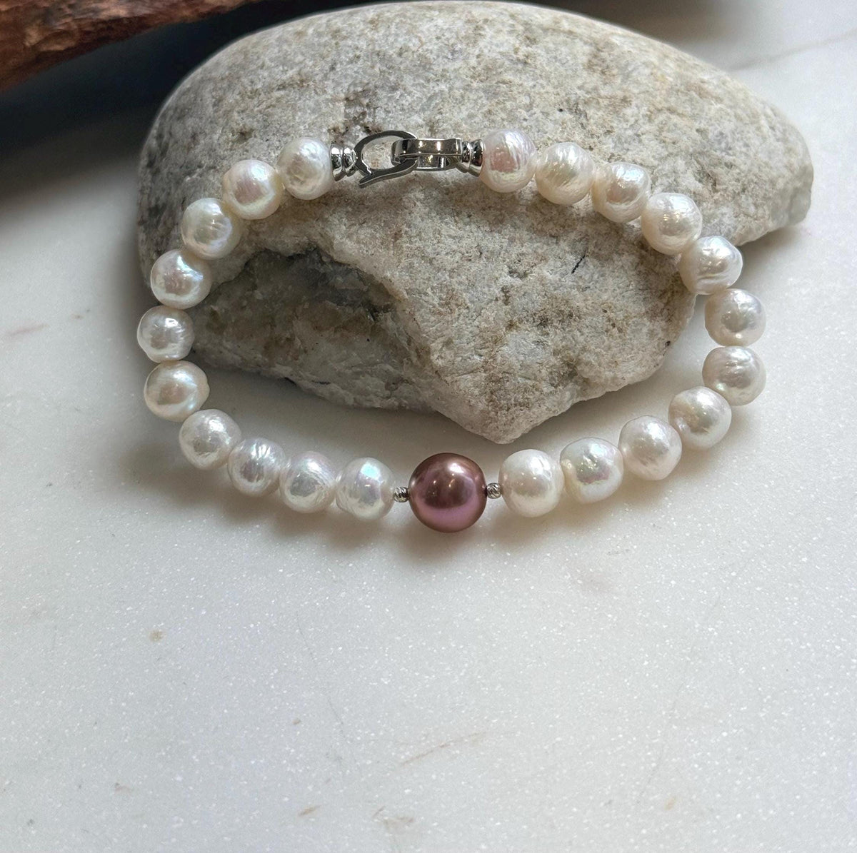 Elly’s 22pcs Bracelet White antique gold Pearls: Extreme luster mirrored, 8.2-10.2mm, S925 silver Bracelet.